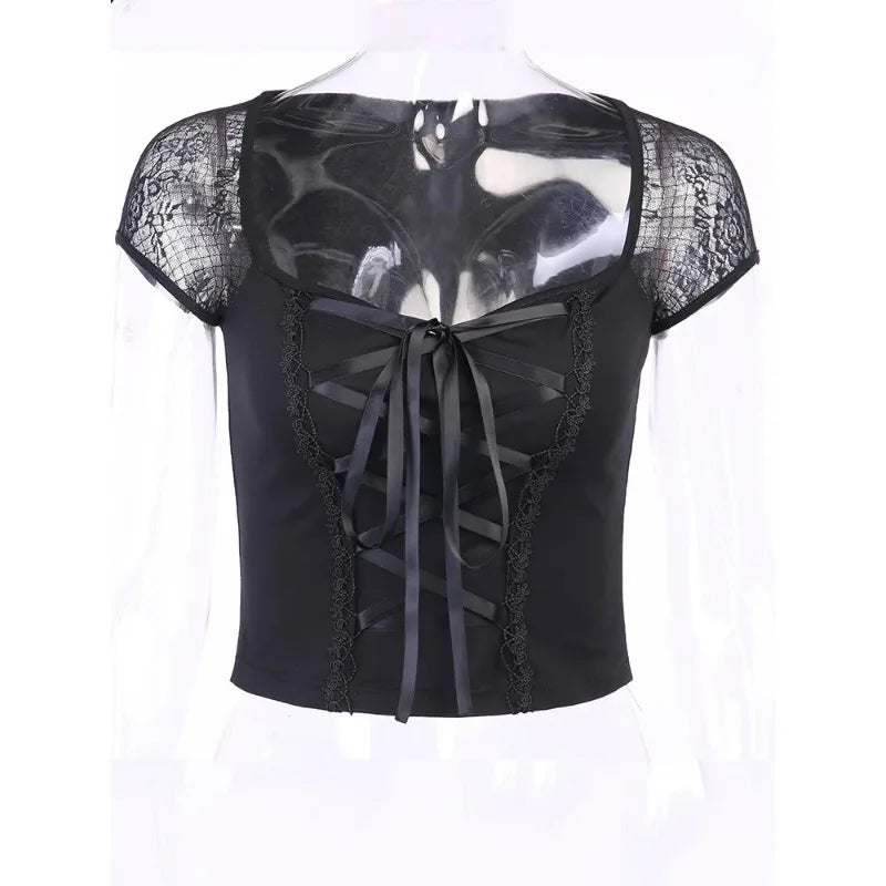 Sexy Tops Goth T Shirt Women Bodycon Bandage Lace Black T Shirts