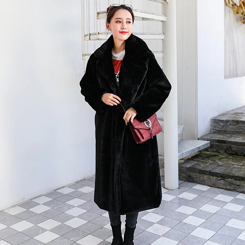 VOLALO 2024 New Winter Black Long Faux Fur Coat Long Sleeve Black  S-XXL Fake Mink Fur Coats Overcoat Women Long Jacket