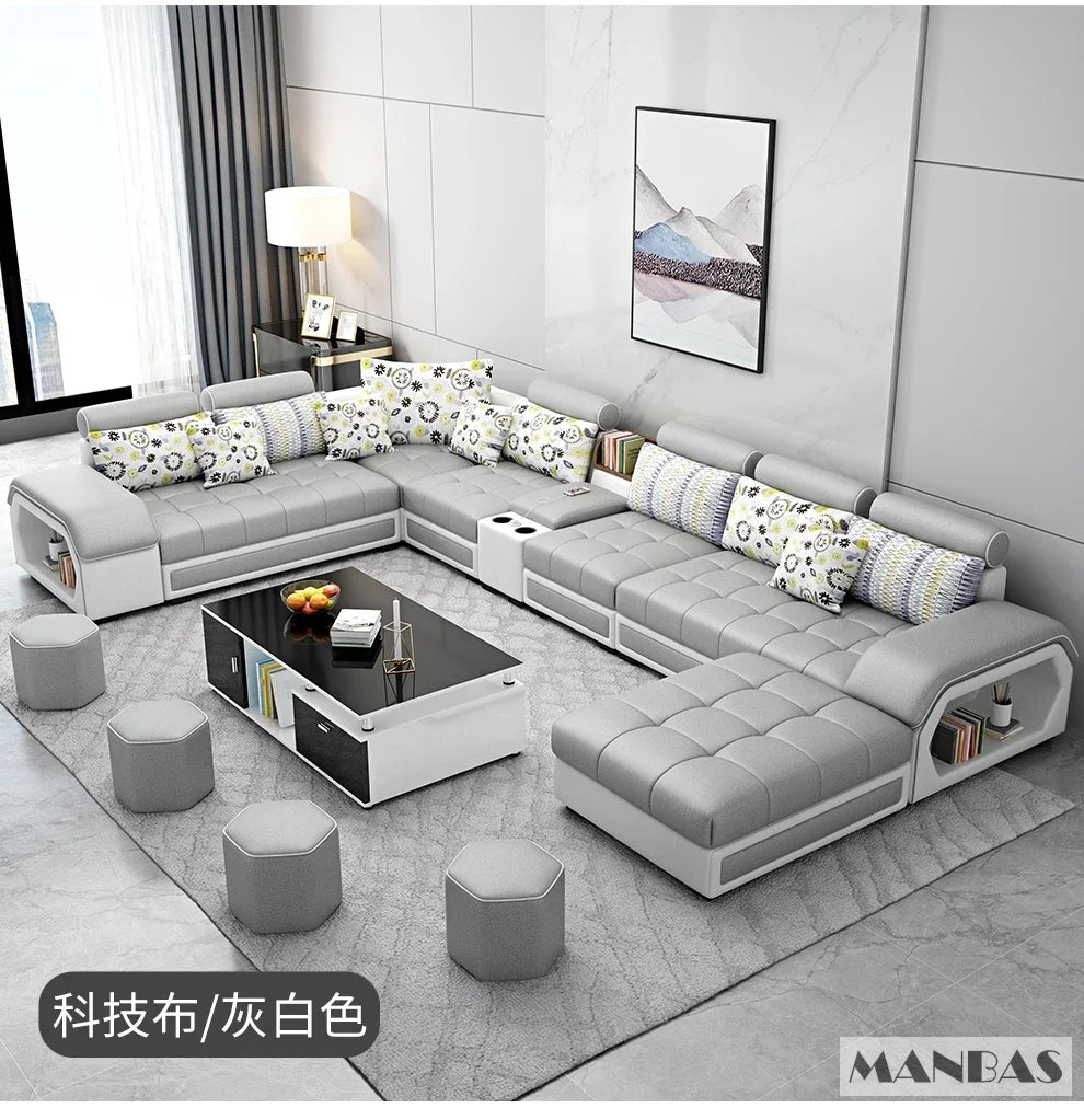 Linlamim Fabric Sofa Set Furniture Living Room Sofa Set with USB and Stools / Big U Shape Cloth Couch Sofas for Home Furniture