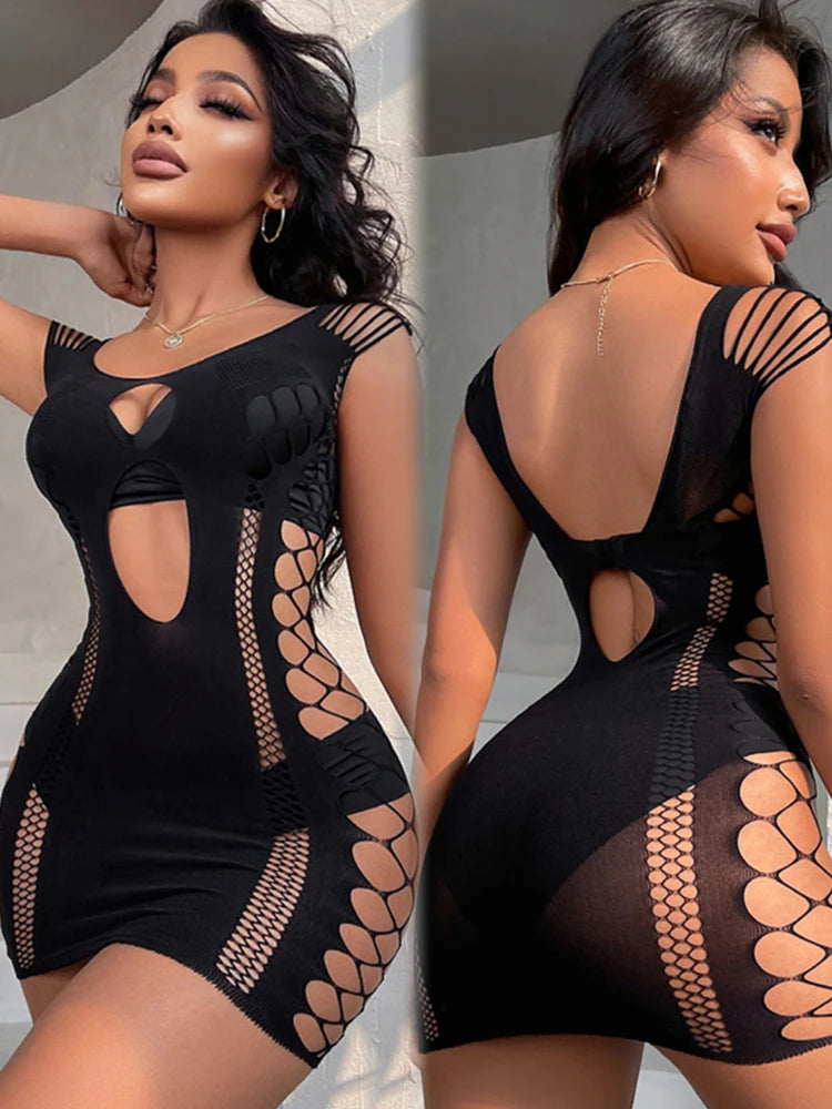 Women's Night Club Erotic Costumes Perspective Fishnet Short Net Skirt Ladies Sexy Mesh Hollow See Through Bodycon Short Dress