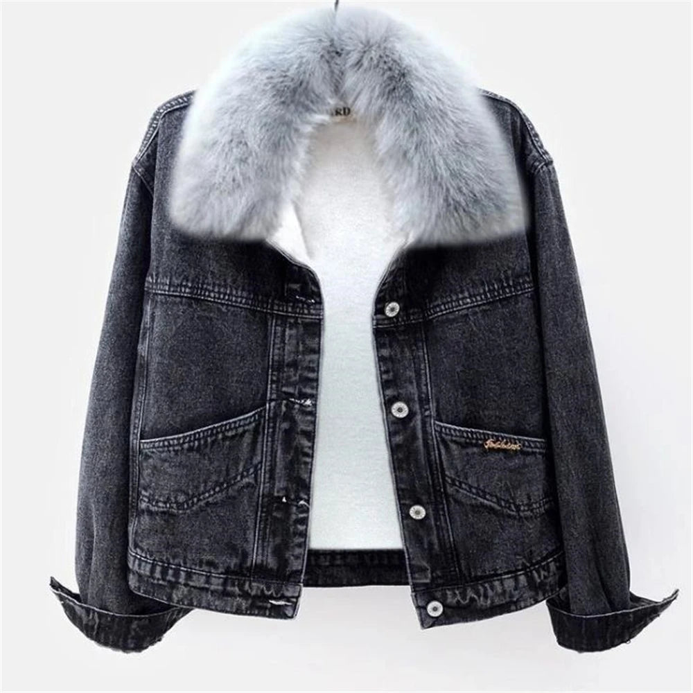 Faux Fur Collar Winter Denim Jackets Women Plus Velvet Warm Casual Thicken Coats Letter Snow Wear Wash Blue Vaqueras Chaquetas