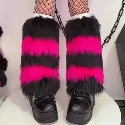 Gothic Women's Y2k Harajuku Punk Lolita Girls Subcultural Striped Contrasting Fur Insulation Faux Furry Socks Legs Warms covers