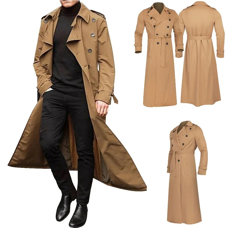 Men's Long Trench Coat Solid Color Long Sleeve Leisure Lapel Button