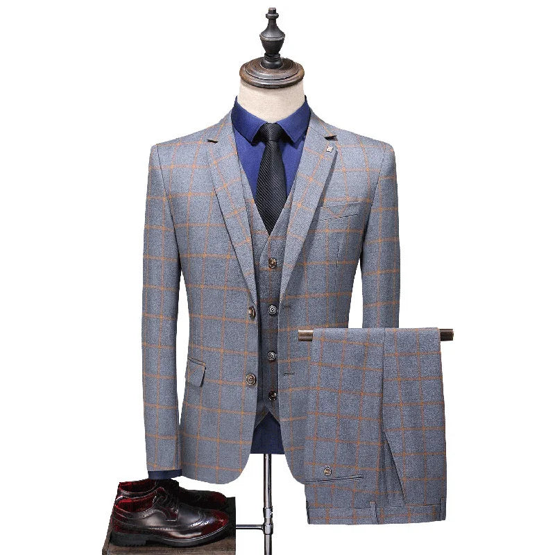 (Suit+Vest+Pant) Spring Korean Slim Check British Business Suit Men Three Piece Wedding Bridegroom Best Man Formal Dress S-5XL