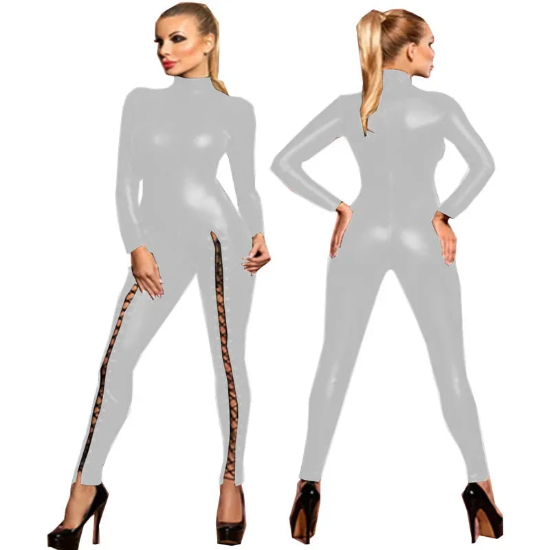 2024 Sexy Hot Women Faux Leather Catsuit Shiny PU Bodysuit Clubwear Bodycon lace-up long jumpsuit Party Club Rompers jumpsuit