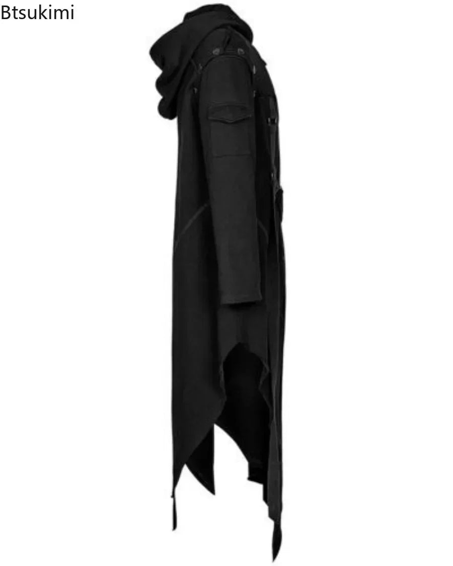 New 2024 Men's Punk Style Irregular Trench Coats Black Gothic Long