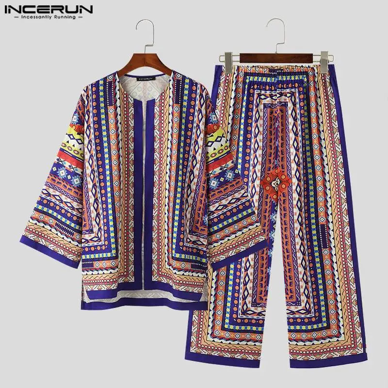 INCERUN 2024 American Style Stylish Sets Men's Three-quarter Sleeve Cardigan Pants Casual Male Ethnic Print Suit 2 Pieces S-5XL