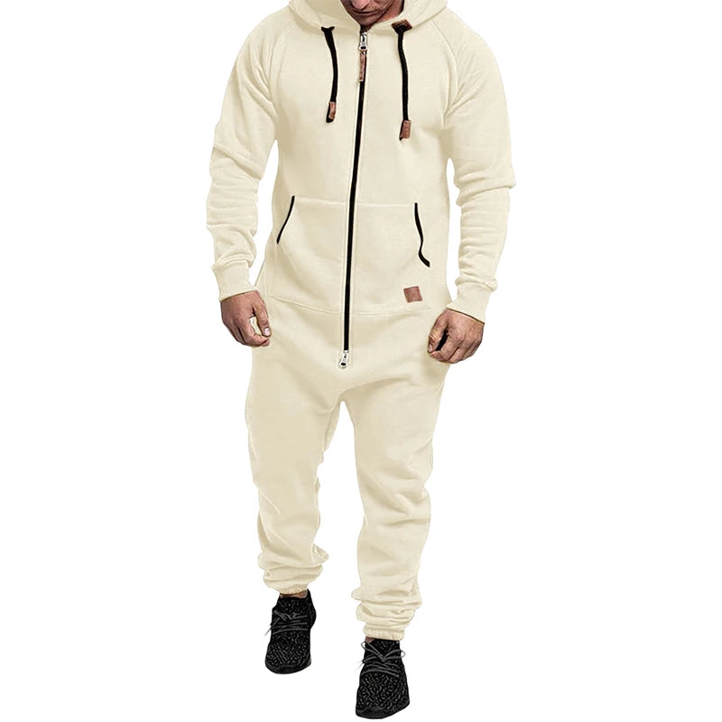 Men s Winter Hooded Jumpsuits with Pockets Warm Long Sleeve Full Zipper Up Overalls Sweatsuits with Drawstring