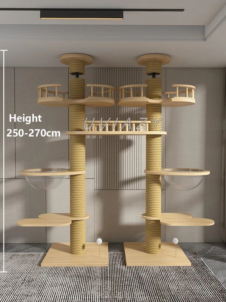 Floor-to-Ceiling Double Column Multi-layer Cat Tree Cat Climbing Tower with Natural Sisal Rope Scratching Post Tall ClimbingTree