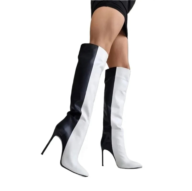 Black and White Pointed Toe Boots Fashion Style High Heel Knee Boots Customizable Color Large Size Shoes Women's Sexy Knee Boots