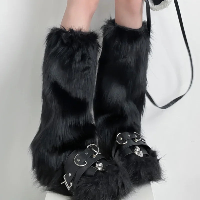 Japanese White Faux Fur Leg Warmers Boot Covers Y2K Goth Solid Leg Socks Punk Jk Knee-length Hiphop Hotgirl Fashion Warm Sock