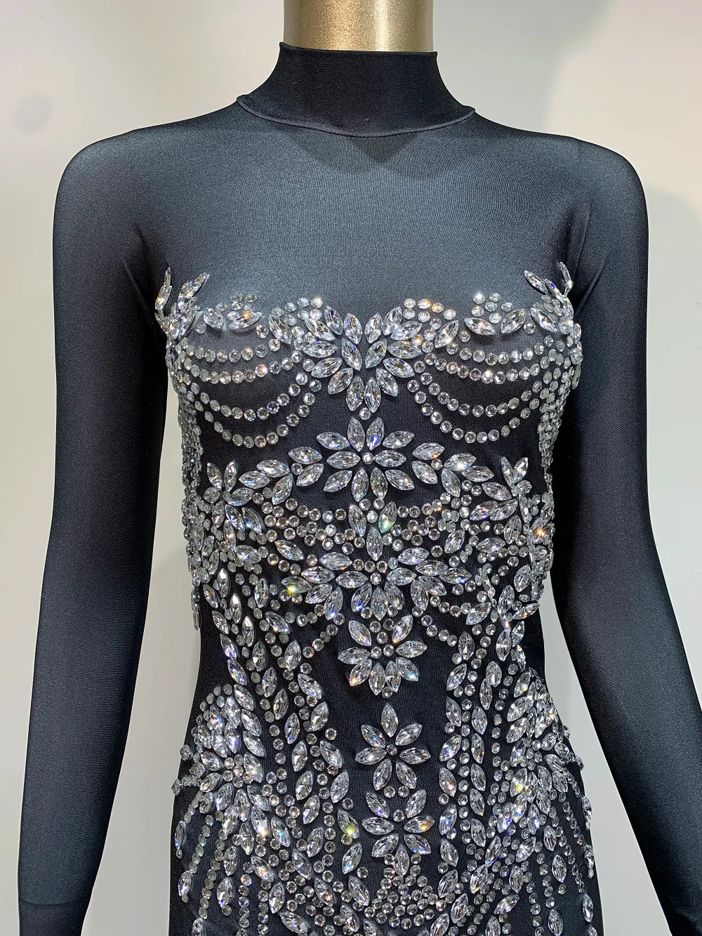 2025 Women Long Sleeve Rhinestone Bodycon Celebrity Jumpsuit Birthday Party Costume Bar Nightclub Stage Performance Rompers