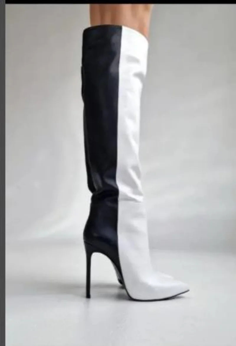 Black and White Pointed Toe Boots Fashion Style High Heel Knee Boots Customizable Color Large Size Shoes Women's Sexy Knee Boots