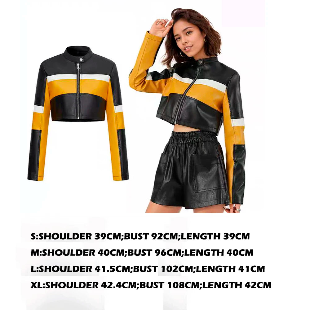 Sexy Moto Cropped PU Leather Jackets for Women 2025 Spring Fashion Striped Contrast Long Sleeve Asymmetric Short Coat Y2K Female