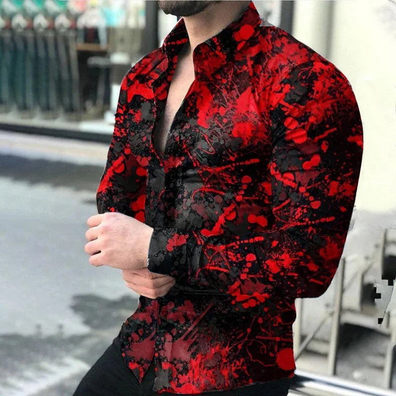 2023 Spring and Autumn fashion slim men's shirt top 3D totem polka dot lapel gradient color long-sleeved shirt clothing