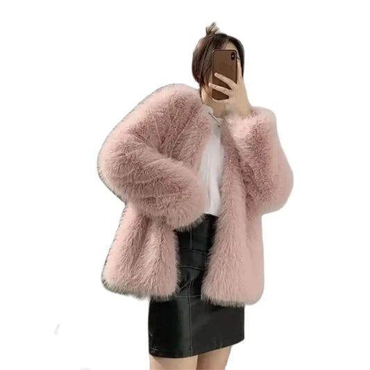 Shaggy Faux Jacket Women Elegant Thick Tops Artificial Warm Shaggy Overcoat Luxury Collarless Coat Short Fur Outwear Winter