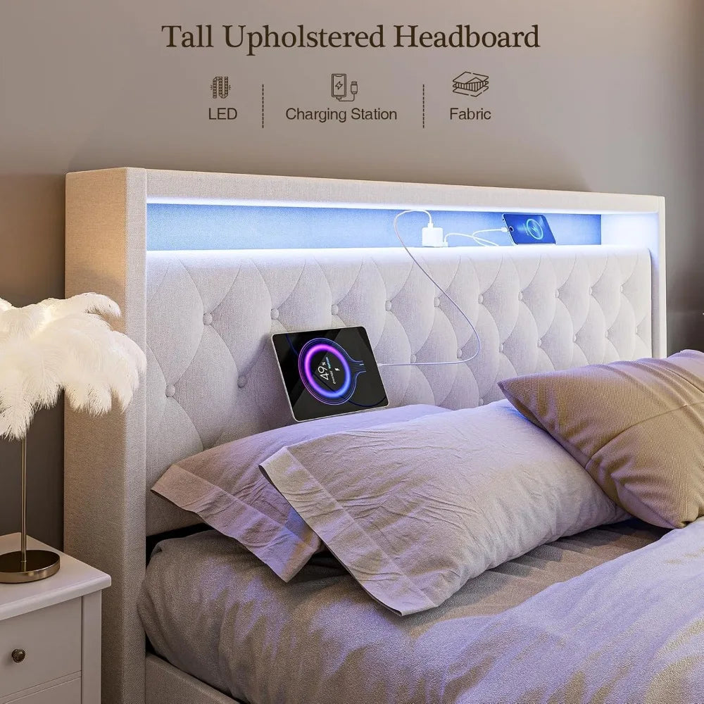 King Lift Up Storage Bed Frame, Upholstered Tufted Headboard, Hydraulic Storage/LED Lights/Charging Station, Platform BedFrame