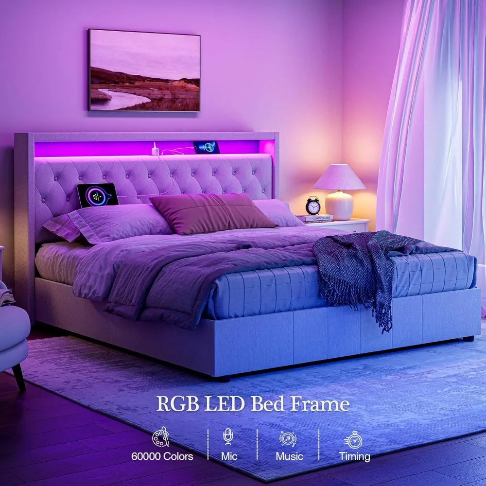 King Lift Up Storage Bed Frame, Upholstered Tufted Headboard, Hydraulic Storage/LED Lights/Charging Station, Platform BedFrame