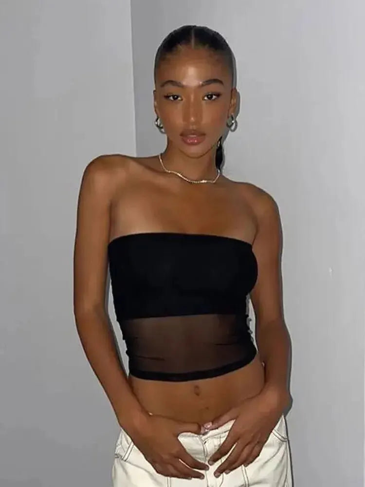 Mesh Corset Black Crop Top Women Patchwork Tube Top Sexy Sleeveless