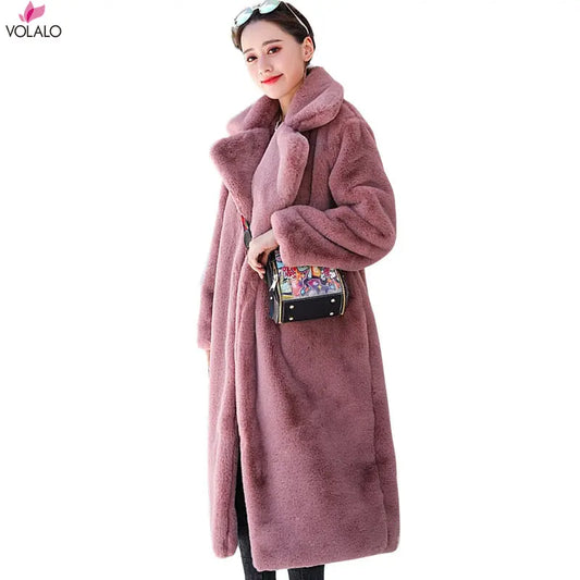 VOLALO 2024 New Winter Black Long Faux Fur Coat Long Sleeve Black  S-XXL Fake Mink Fur Coats Overcoat Women Long Jacket