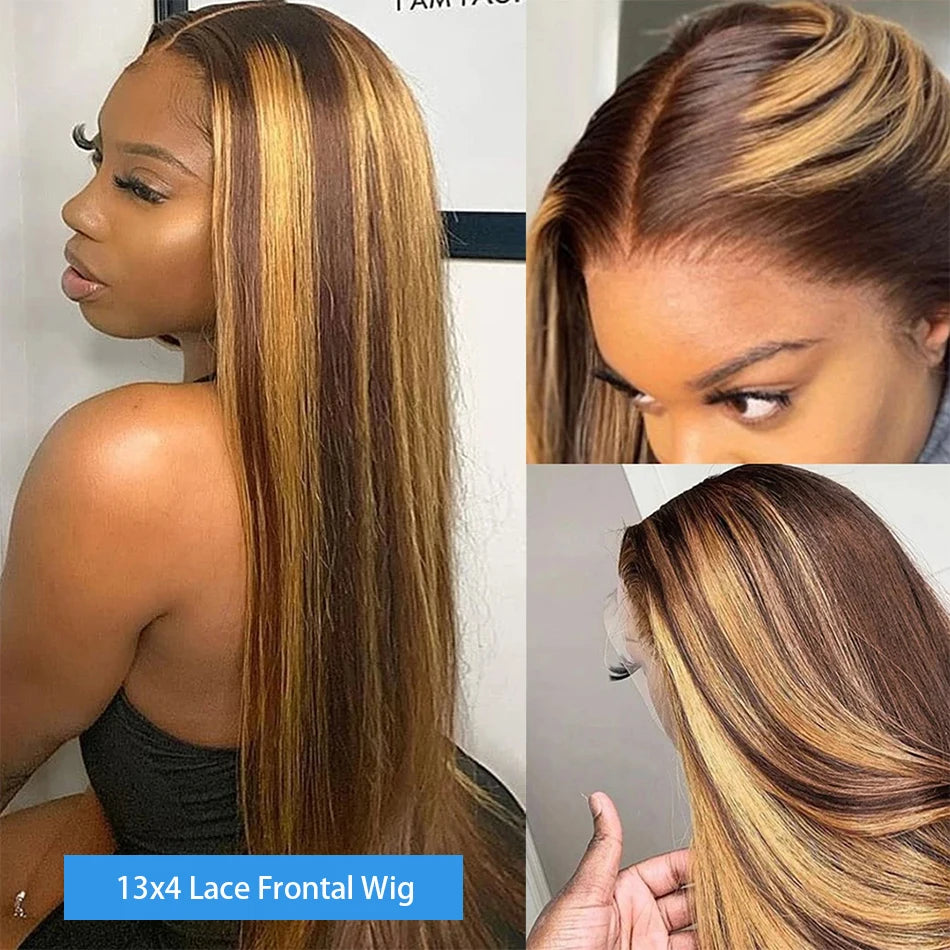 4/27 Highlight Ombre Lace Frontal Wig 30 Inch Straight Human Hair Wigs Colored Brazilian Bone Straight Hair Wigs For Black Women