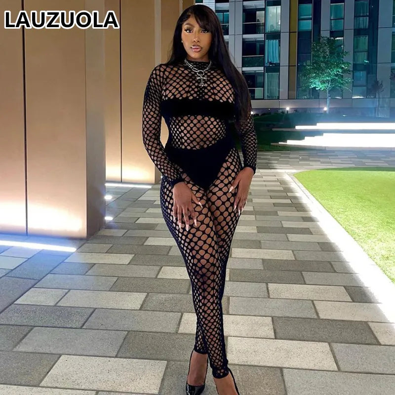 Sexy See Through Fishing Net Club Party Pants Suit Outfits 2024 Fashion 2 Piece Women Crop Top Shirt And Leggings Matching Set