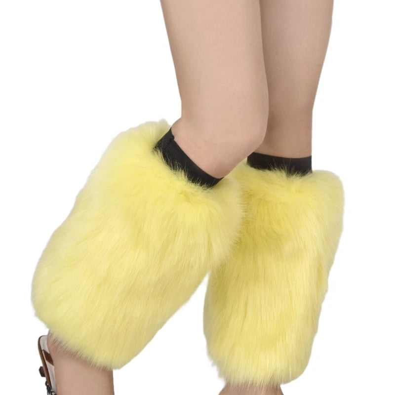 Women Vintage Vibrant Furry Leg Warmers Winter Warm Fuzzy Faux Fur Cuffs Sleeves Calf Length Socks Streetwear