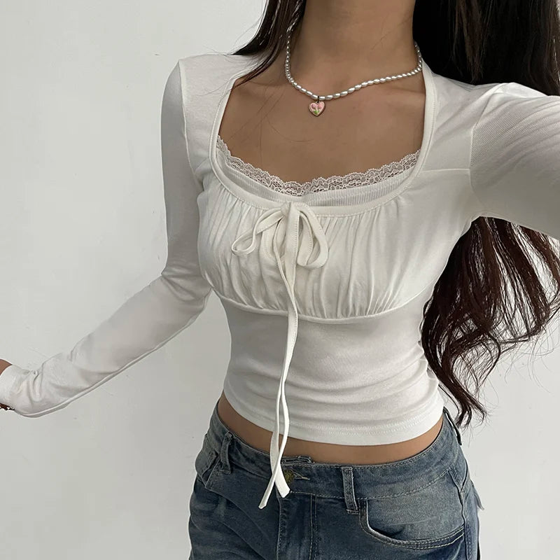 CIBBAR Bandage Folds Square Collar Crop Top Women Fairycore y2k White