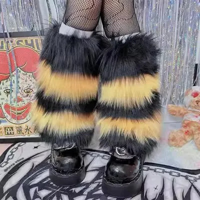 Gothic Women's Y2k Harajuku Punk Lolita Girls Subcultural Striped Contrasting Fur Insulation Faux Furry Socks Legs Warms covers