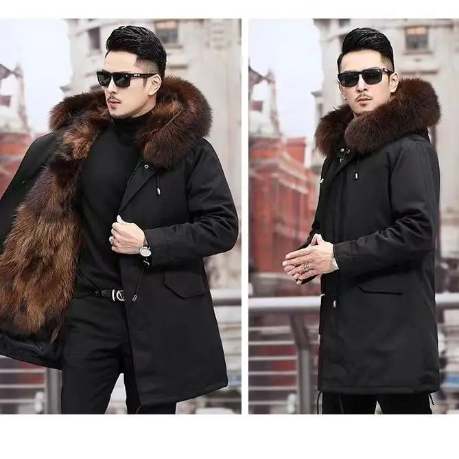 Fur Lined Parkas Men Faux Fur Coat Big Size Hooded Warm Long Fox Fur Coat Snowsuit High Quality Men Clothing Zipper Long Sleeve