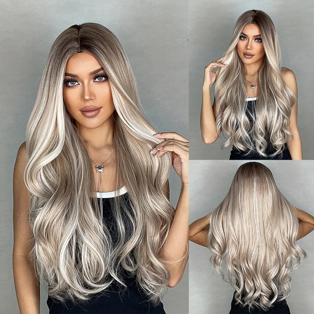 Purple Long Wavy Synthetic Wigs with Grey Ombre Natural Hair Wigs Middle Part for Women Cosplay Wigs Heat Resistant Fiber