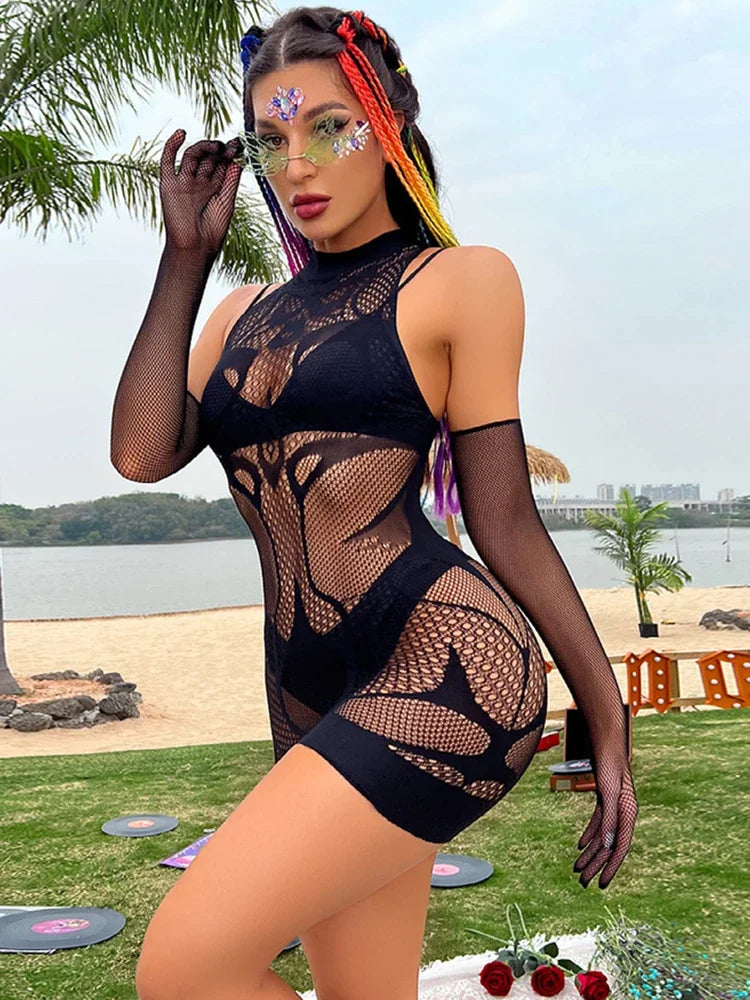 10 Styles Fishnet Underwear Exotic Night Club Clothes Female Sexy Costume See Through Hollow Tight Lingerie Erotic Bodycon Dress