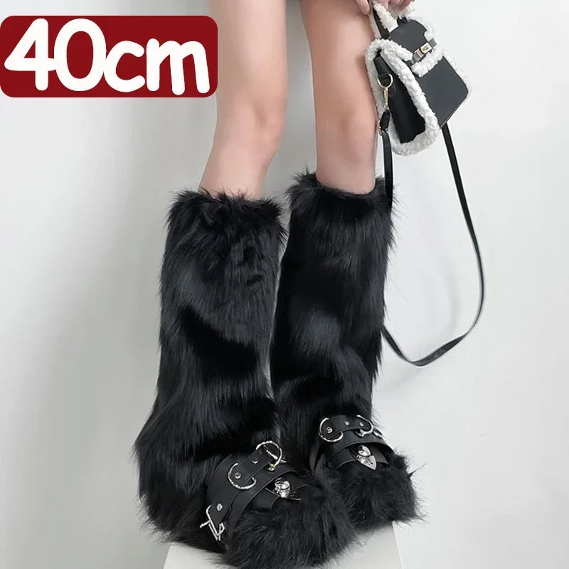 Japanese White Faux Fur Leg Warmers Boot Covers Y2K Goth Solid Leg Socks Punk Jk Knee-length Hiphop Hotgirl Fashion Warm Sock