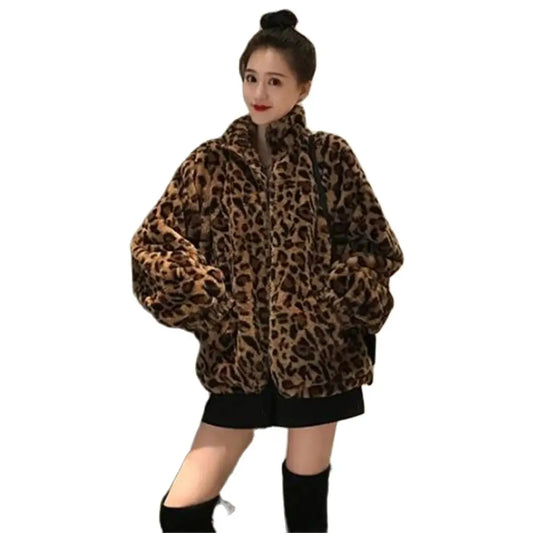 Women Warm Fur Outerwear Plush Jacket Women Winter Long 2024 New Korean Version Loose Lamb Wool Faux Fur Leopard Print Fur Coat