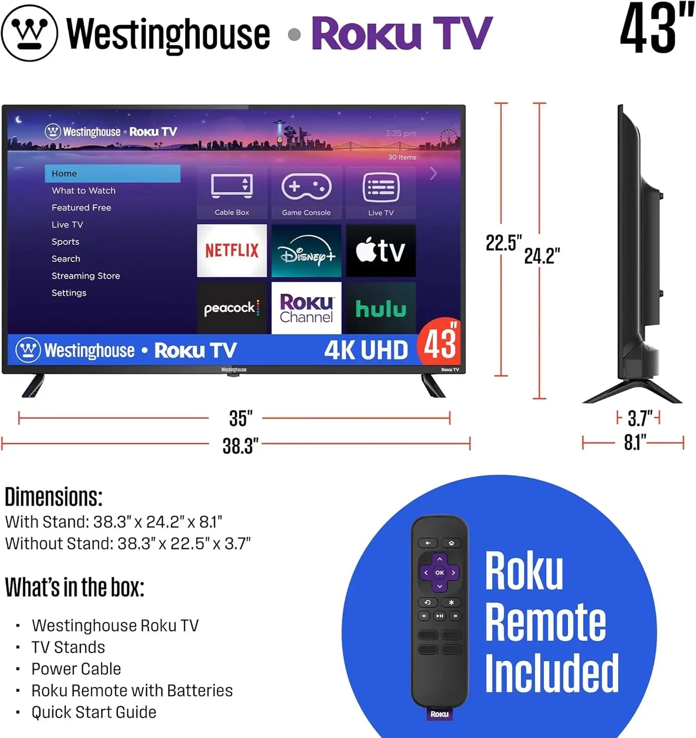 Roku TV - 43 Inch Smart TV, 4K UHD LED TV with Wi-Fi Connectivity and Mobile App, Flat Screen TV Compatible with Apple Home Kit,