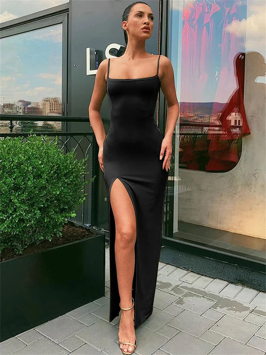 Women Summer Sexy Bodycon Dress Lady Sexy Spaghetti Strap Sleeve Split