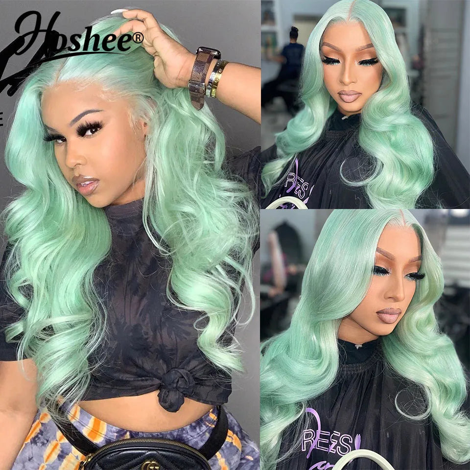 Mint Green Straight Lace Front Human Hair Wigs For Women Lake Blue Colored Human Hair Wigs  13x4 Lace Frontal Wig Pre-Plucked