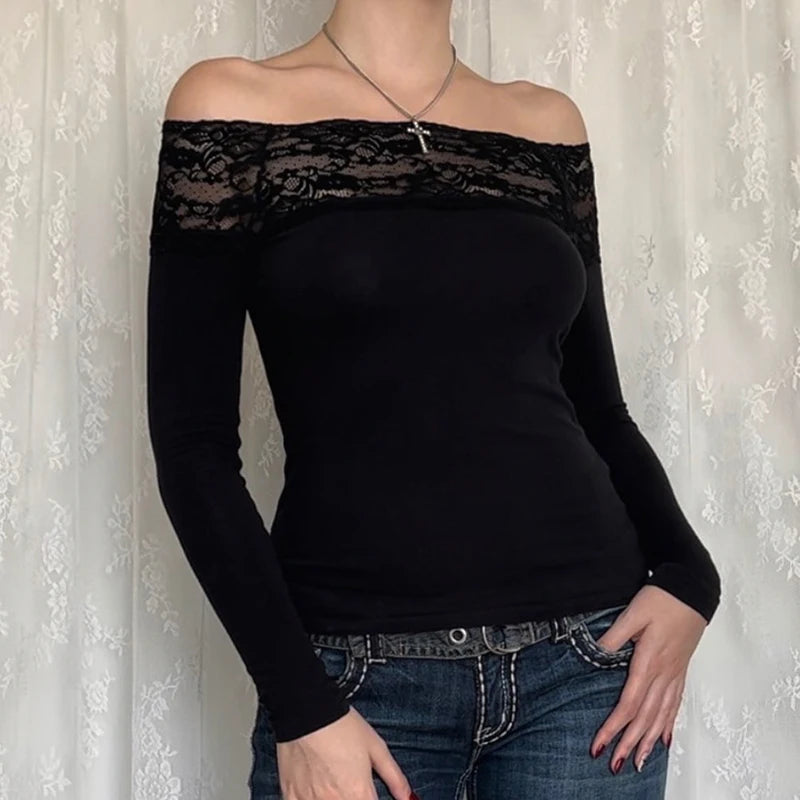 CIBBAR Black Lace Stitched Slash Neck Crop Top Elegant Sexy Skinny