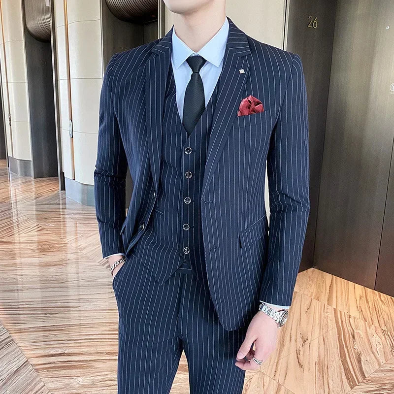 (Jackets+Vest+Pants) 2022 Men's Three-piece Suit/Male Slim Fit Cotton High Quality Business Blazers/Man Stripe Groom Dress S-5XL