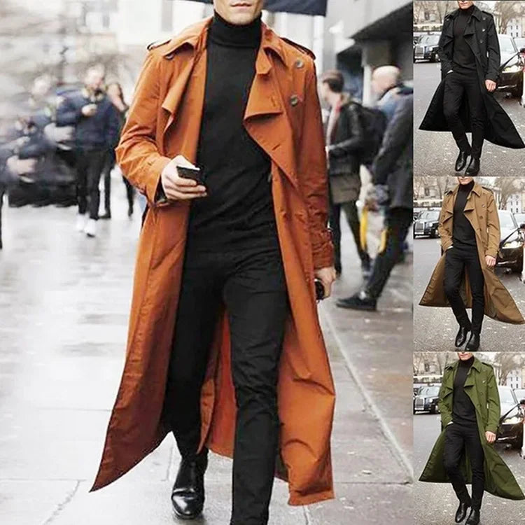 Men's Long Trench Coat Solid Color Long Sleeve Leisure Lapel Button