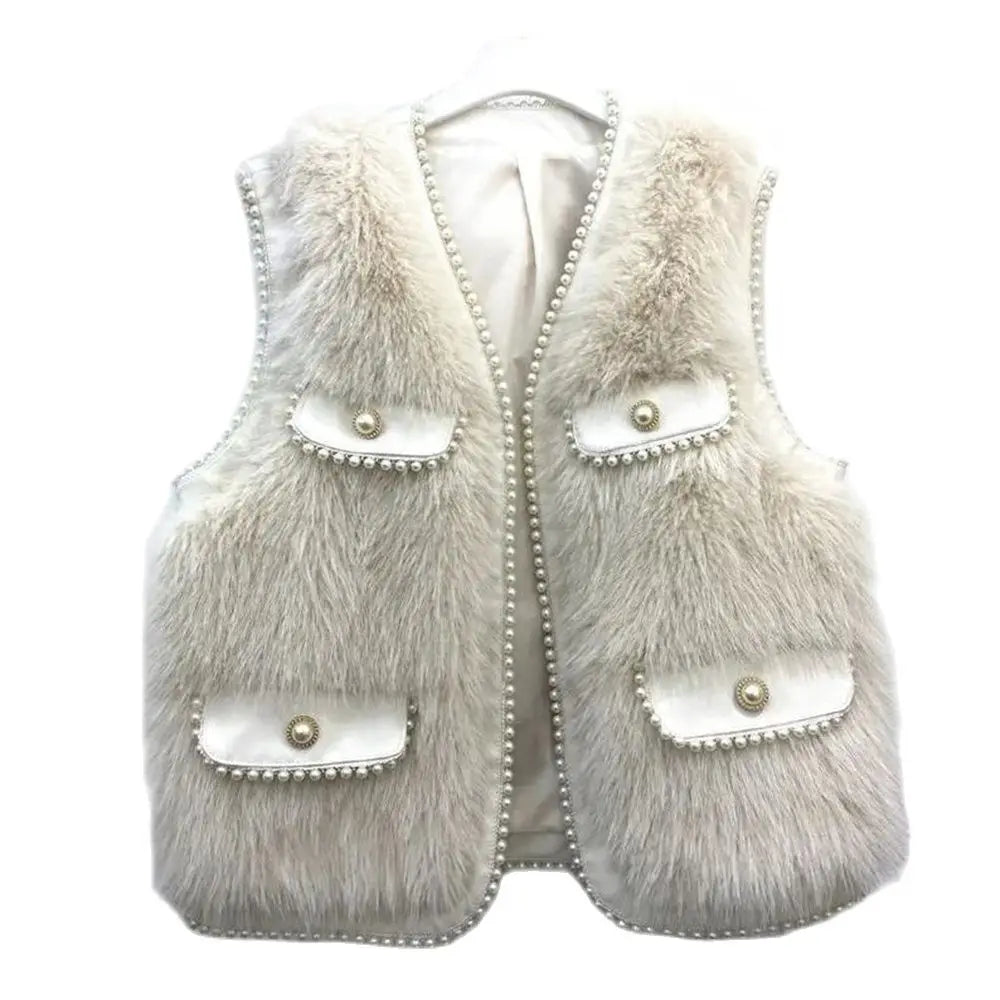 Women Imitation Fur Vest  Autumn Winter Pocket Beading Sleeveless Fur Jacket Plus Cotton Coat Lady Warm Soft Outwear Waistcoat