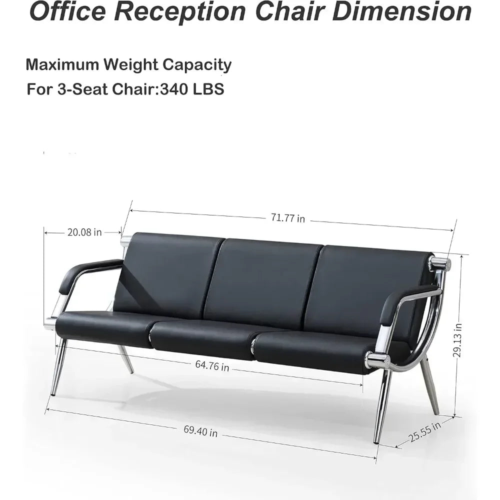 Waiting Room Bench with Fixed PU Leather Upholstered Armrests, Chair with Lumbar Support for Office, Library, Waiting Bench