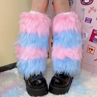 Gothic Women's Y2k Harajuku Punk Lolita Girls Subcultural Striped Contrasting Fur Insulation Faux Furry Socks Legs Warms covers