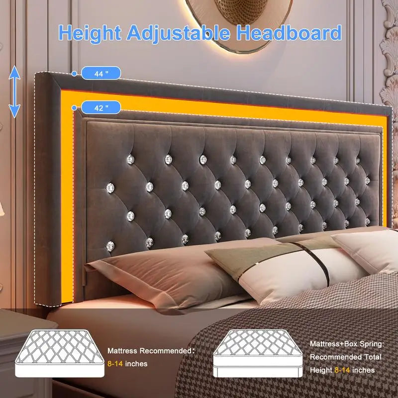 Queen Size LED Bed Frame with Adjustable Headboard,Smart Control RGBW Lights,4Storage Drawers,Upholstered,No Box Spring Needed