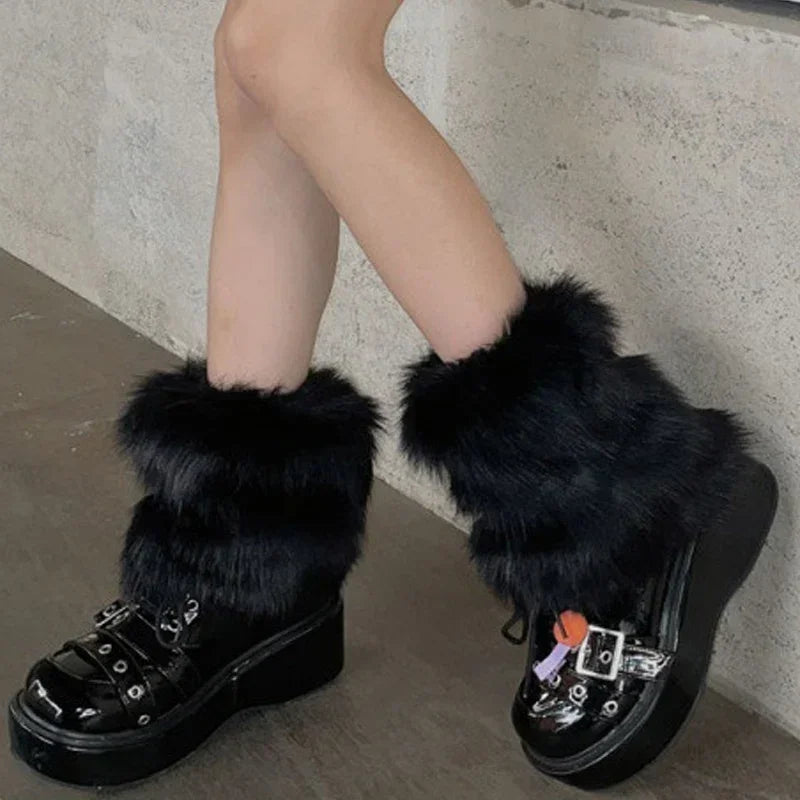 Japanese White Faux Fur Leg Warmers Boot Covers Y2K Goth Solid Leg Socks Punk Jk Knee-length Hiphop Hotgirl Fashion Warm Sock