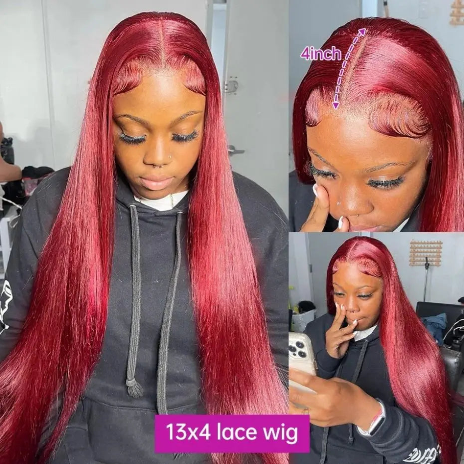 99j Burgundy Red Colored Bone Straight 13x4 Lace Front Human Hair HD Transparent Lace Frontal Wig Brazilian Hair For Black Women