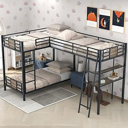 Triple Bunk Bed with Desk and Shelf Metal L-Shaped Twin Over Twin Loft Bed Space Saving Design Guardrail Safety Easy Assembly