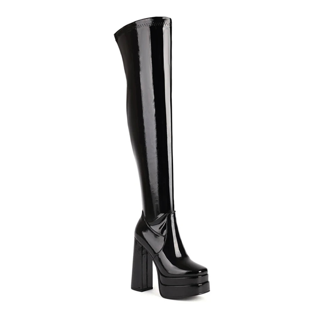 Sexy Women GO GO Boots Over Knee High Zipper Chunky High Heel Double Platform Shoes Luxury Elegant Trendy Party Dress Boots