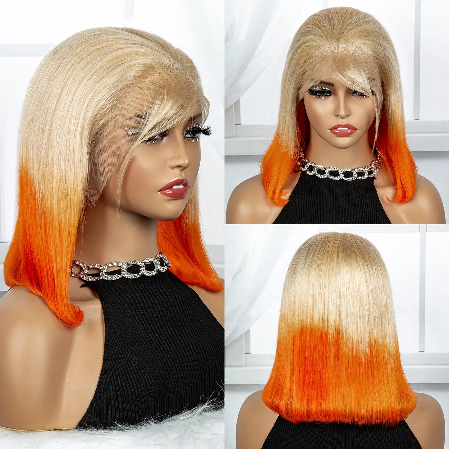 200% Density Blonde Orange Color 13x4  Transparent Lace Frontal Wigs Short Straight Bob Wigs Remy Human Hair Wig For Black Women