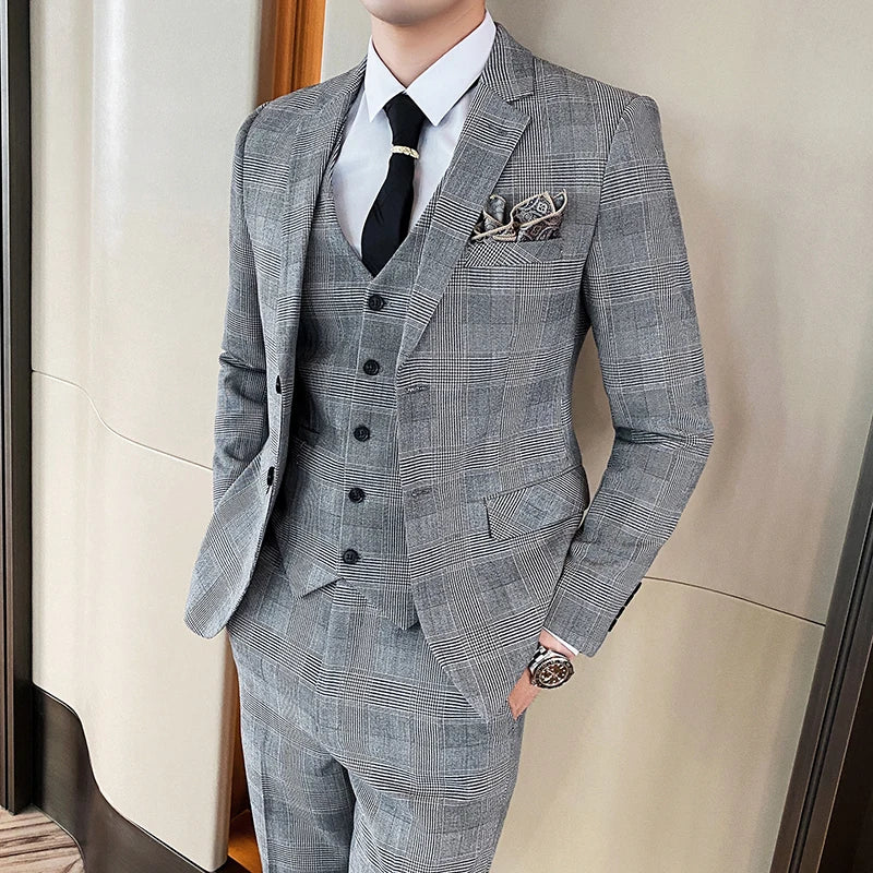 (Jacket+Vest+Pants) Men's Groom Wedding Dress Plaid Formal Suits Set Men Fashion Casual Business Suit Three-piece Blazers S-4XL